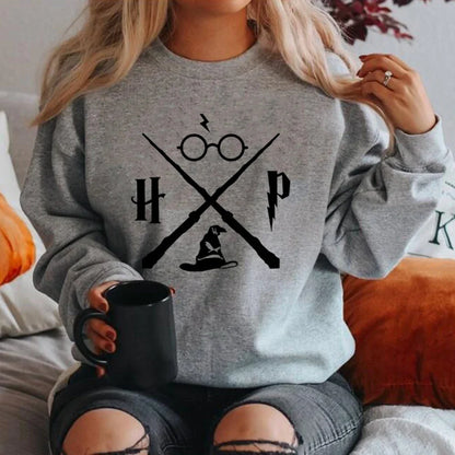 Sudadera con sombrero de mago, sudadera con varita de mago, jerséis HP, sudaderas con capucha gráficas unisex de manga larga, sudaderas de escuela de magia, ropa de calle, top