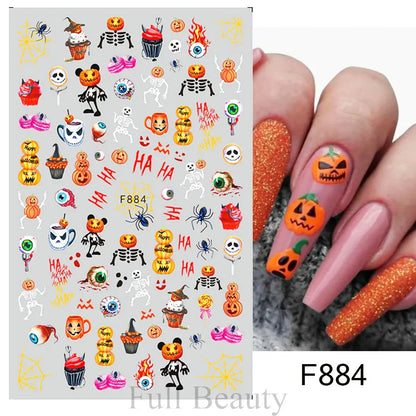 Cinturón negro 5D pegatinas en relieve gótico Halloween estilete calabaza calavera telaraña cremallera manicura uñas gel autoadhesivo decoración