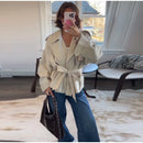 Casual Office Women's Bomber Jacket Chic Lace Up Lapel Collar Full Sleeve Female Coat Spring New Office Lady Outerwear Commuting