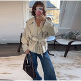Casual Office Women's Bomber Jacket Chic Lace Up Lapel Collar Full Sleeve Female Coat Spring New Office Lady Outerwear Commuting