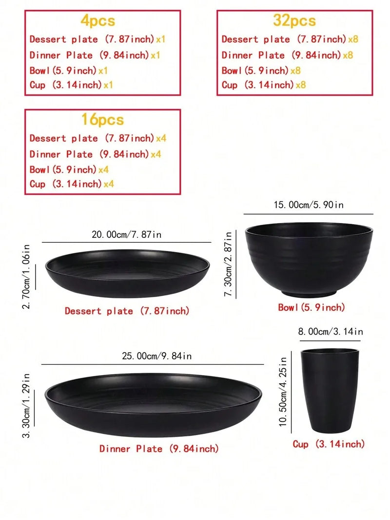 4/16/24pcs Reusable plastic tableware set, including plates, bowls and cups. Suitable for family picnics and school supplies