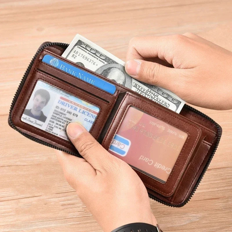 Genuine Leather Men's Wallet Luxury Short RFID Card Holder for Men Zipper Coin Purse Portable Male Wallets Billfold