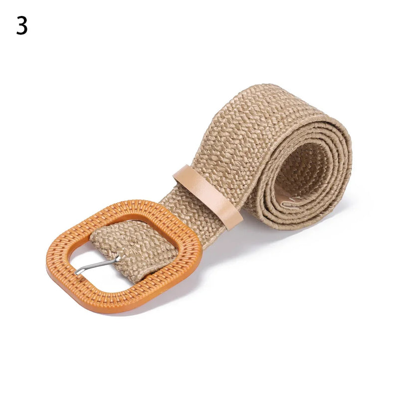 1PC Women Fashion Casual Straw Belt Round Wooden Buckle Elastic Waist Chain Belly Necklace Body Jewelry Dress Shirt Accessories