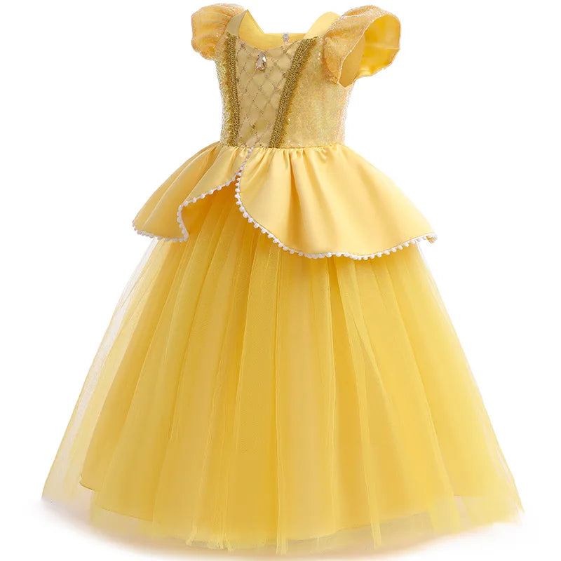 Girls Sequin Princess Dresses Children Disguise Cosplay Belle Costume Beauty and The Beast for Carnival Halloween Birthday Party