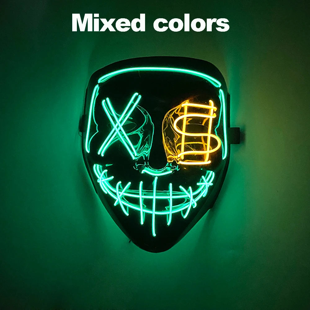Artigos para Festa de Halloween 2026: Máscara LED Luminosa Estilo "Uma Noite de Crime" (Purge) com Luz Neon EL Sem Fio – Máscara de Rosto Inteiro para Cosplay Adulto (Brilha no Escuro)