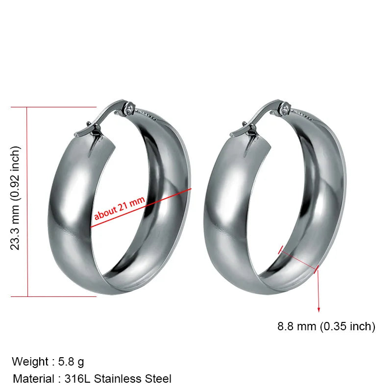 Stainless Steel Earrings for Women, Simple Plain Round Earrings, Gold Color, Wide Fashion Jewelry, Party Gift, 21mm, 31mm, 39mm Width