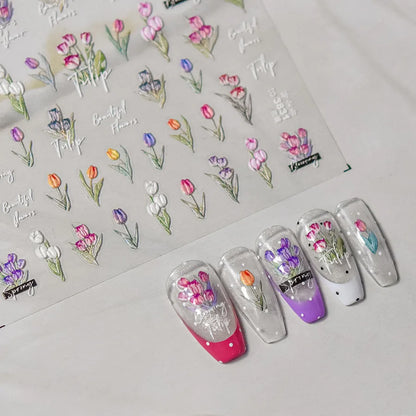 Colorful Sparkling Glass Fragment Spring Wildflowers High Quality Adhesive Flash Nail Stickers Art Decorations Design T-3784