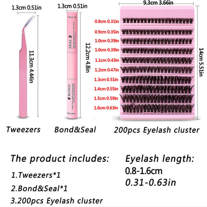 Kit de extensão de cílios diy, 200 peças, cluster de cílios individuais 40d60d 8-16mm, mix de clusters de cílios, ligação e vedação e aplicador de cílios