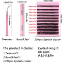 Kit de extensão de cílios diy, 200 peças, cluster de cílios individuais 40d60d 8-16mm, mix de clusters de cílios, ligação e vedação e aplicador de cílios