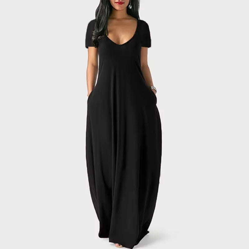 AliExpress Europa e nos Estados Unidos verão transfronteiriço novo plus size vestido de cor sólida sexy profundo V manga curta saia longa