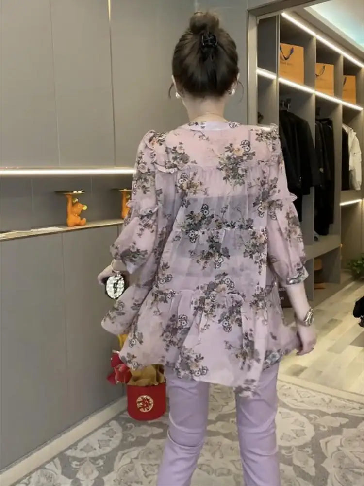 Internet Celebrity Explosion Street Dress Women's Summer New Explosive Style Medium to Long Age Reducing Fashion Floral Shirt