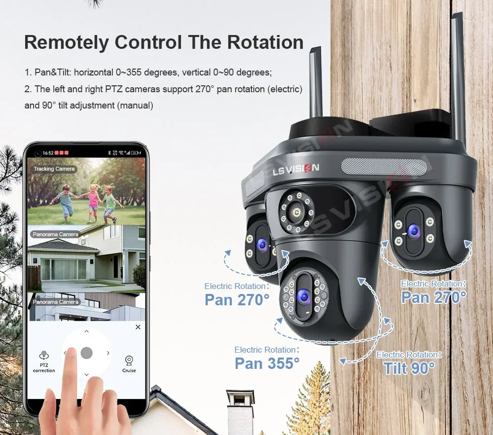 LS VISION 15MP Three Screen WiFi Camera Outdoor Three 360°Rotation PTZ IP Camera Human Auto Tracking Video Surveillance Cam CCTV