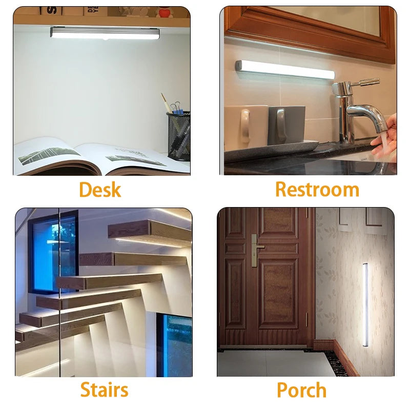 Luz LED Noturna Sem Fio com Sensor de Movimento e Recarregamento Tipo C – Iluminação para Armários, Guarda-roupas, Escadas e Cozinha