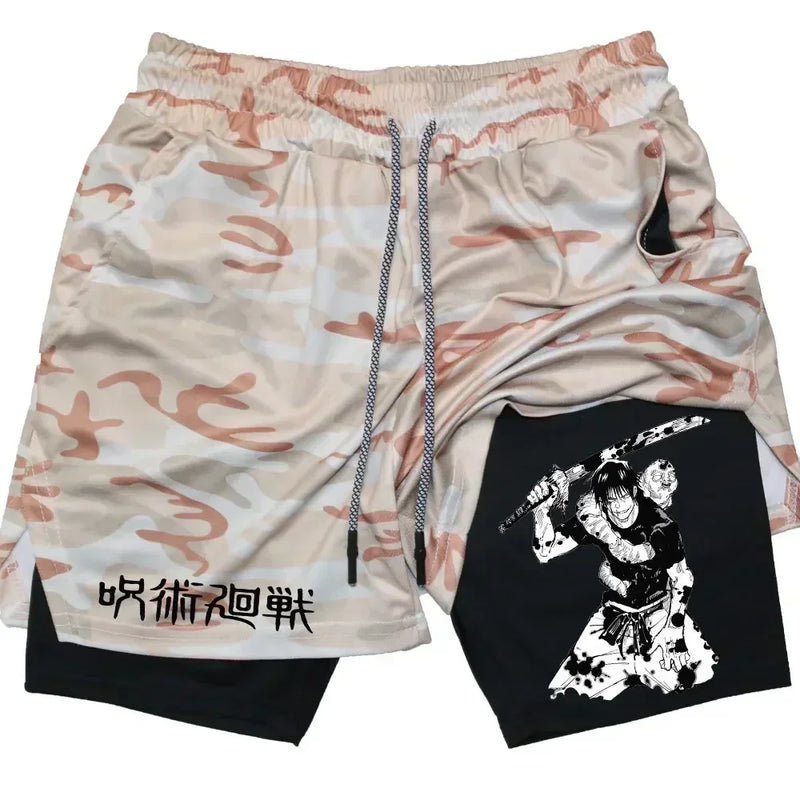 Men's Sports Shorts Anime Performance Shorts Printed Men GYM Casual Sport Compression Shorts Workout Running Mesh 2 in 1 Shorts