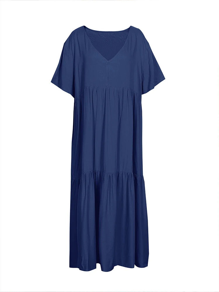 Plus Size 2025 Summer New V-neck Short Sleeve Pleated Solid Colour Loose Casual Midi Dress Basic Hem Pleated