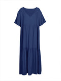 Plus Size 2025 Summer New V-neck Short Sleeve Pleated Solid Colour Loose Casual Midi Dress Basic Hem Pleated