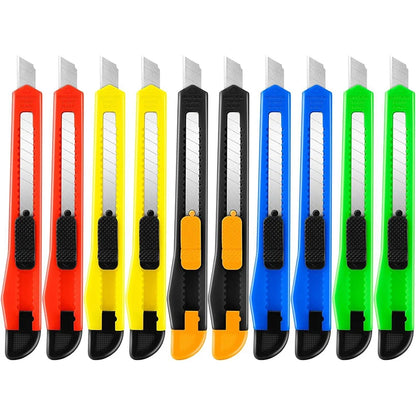 Cúter retráctil (paquete de 42, 30, 18 y 10 unidades), cuchilla multiusos de 9 mm con cuchilla desprendible y diseño de autobloqueo.