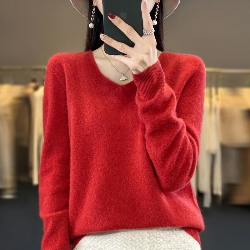 Suéter básico de otoño-invierno 2024 para mujer, 100 % lana merino, cuello en V, tejido de punto liso, jersey de oficina para mujer, manga larga, cachemir.