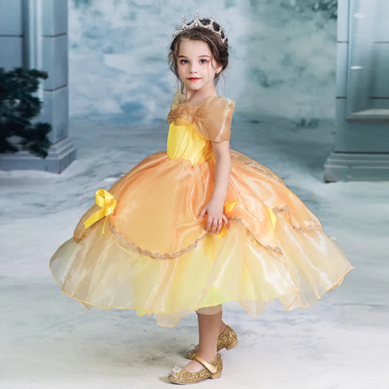 2025 Cosplay Belle Princess Dress Girls Dresses For Beauty and beast Party Clothing Magic stick crown Costume 3-12Y