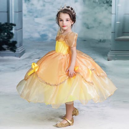 2025 Cosplay Belle Princess Dress Girls Dresses For Beauty and beast Party Clothing Magic stick crown Costume 3-12Y