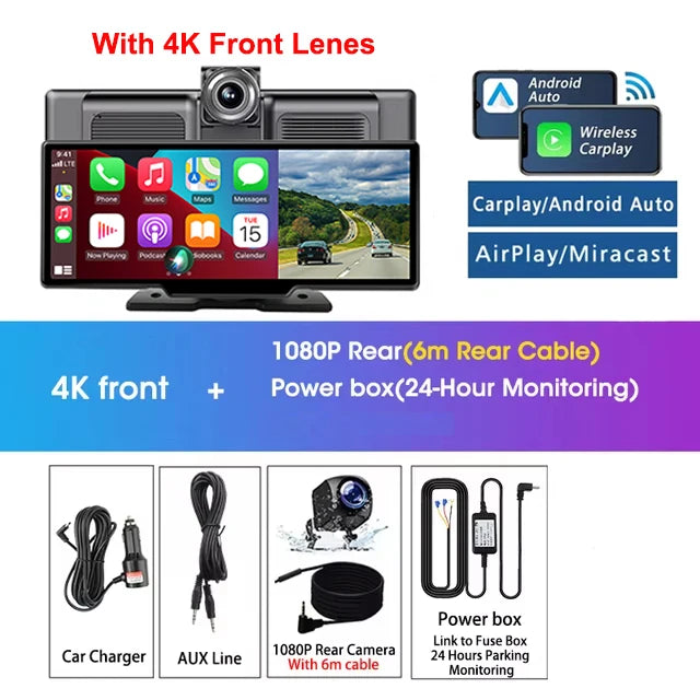 Srnubi 10.26" Dash Cam Rearview Carplay Android Auto 4K DVR Navigation Player Dual Lens Recorder Dashboard WIFI BT