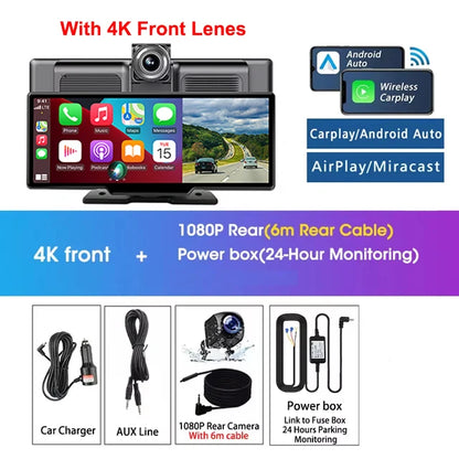 Srnubi 10.26" Dash Cam Rearview Carplay Android Auto 4K DVR Navigation Player Dual Len Recorder Dashboard WIFI BT
