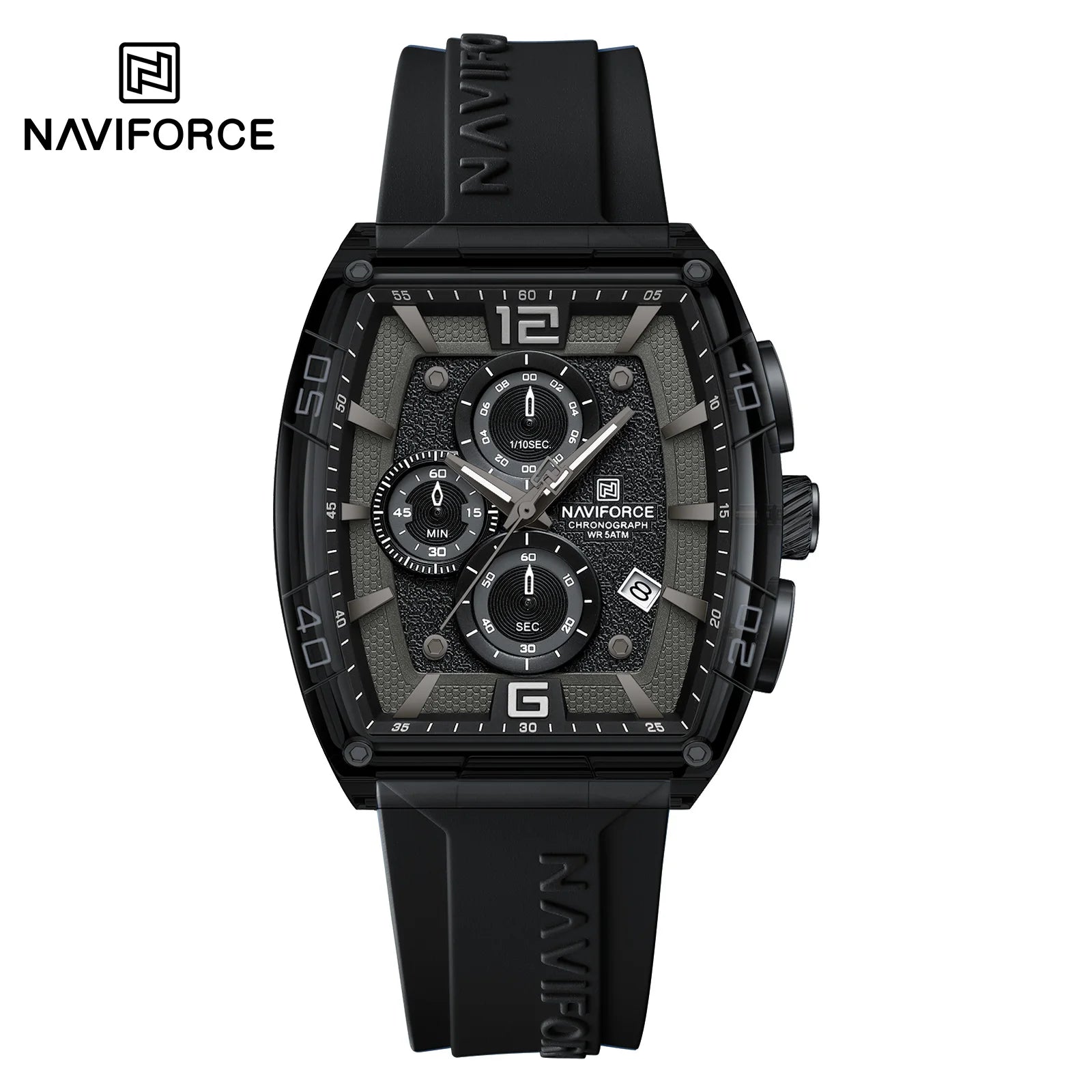 NAVIFORCE 6101 Casual Men's Quartz Watch Tonneau Dial Luminous Waterproof Silicone Strap Outdoor Sports Fashion Watches for Men
