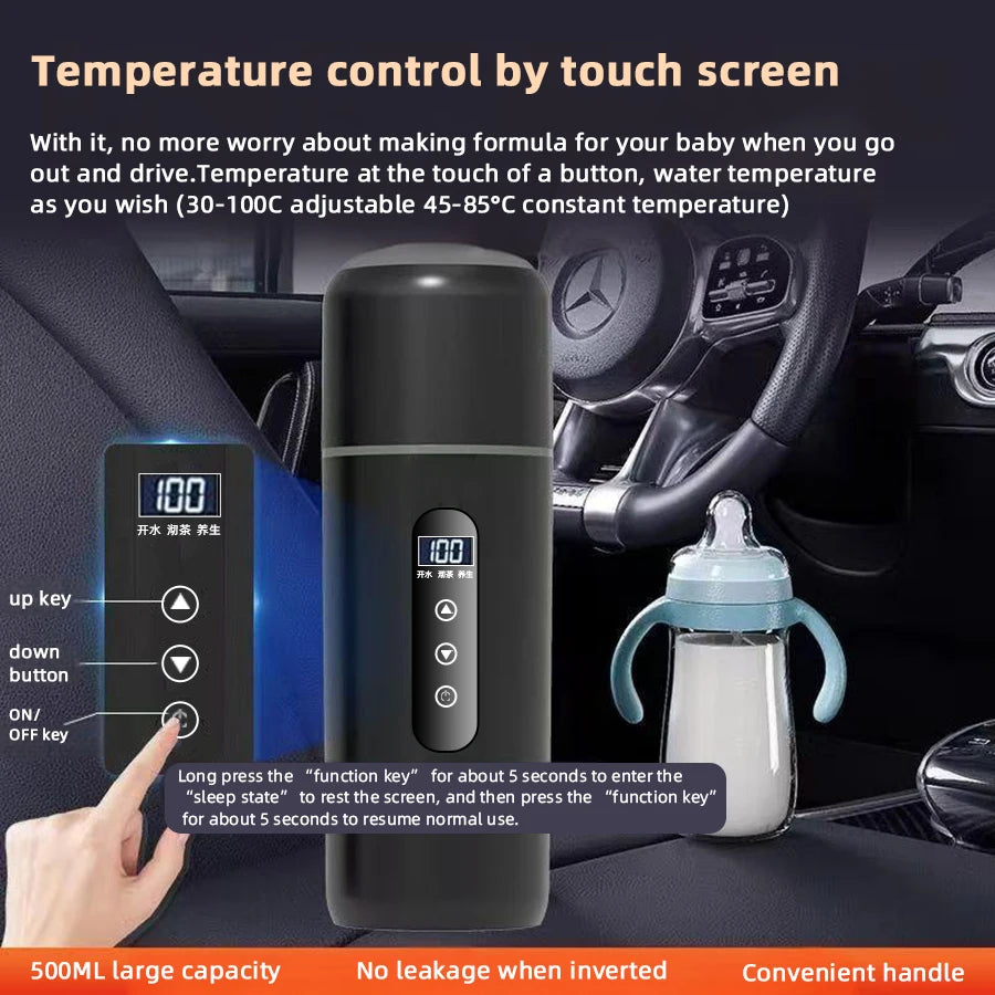 Hervidor eléctrico portátil para coche, 12 V, 24 V, 500 ml, para viaje, con aislamiento inteligente de acero inoxidable y pantalla OLED