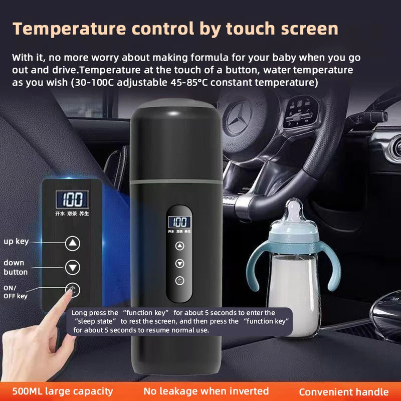 Electric kettle 12V 24V portable car heating cup 500 ml travel heating smart stainless steel insulation artifact OLED display