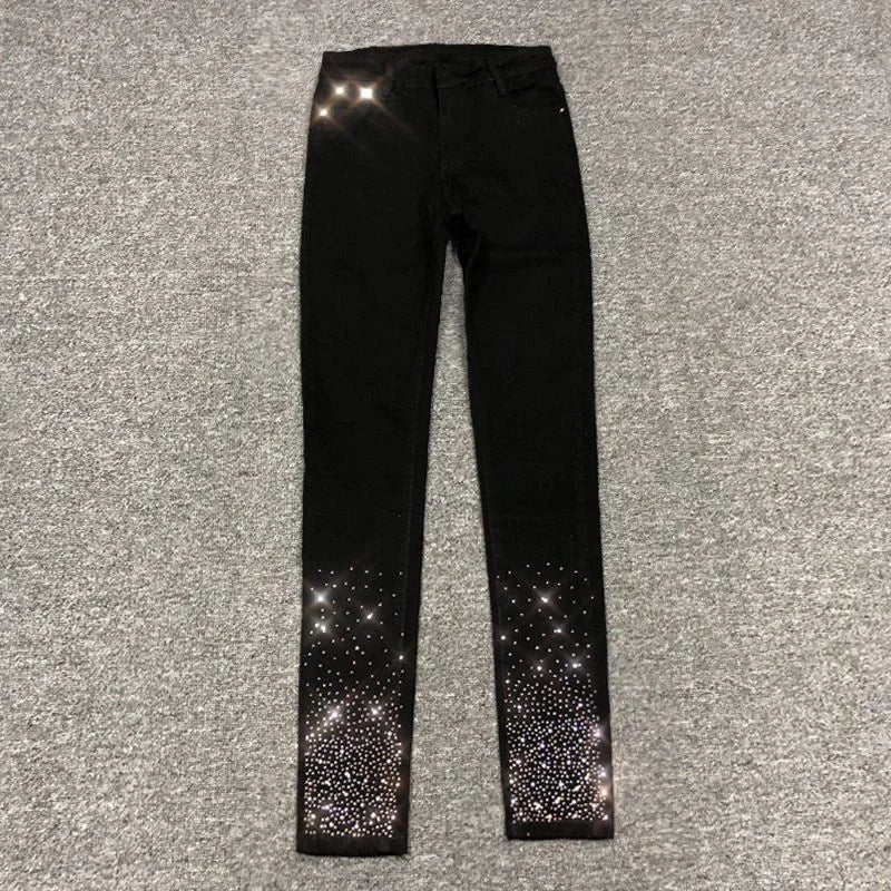 Spring Summer 2024 New Fashion Harem Denim Pants Female Rhinestones Korean Version High Waist Slim Elastic Jeans Pencil Pants