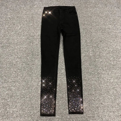 Spring Summer 2024 New Fashion Harem Denim Pants Female Rhinestones Korean Version High Waist Slim Elastic Jeans Pencil Pants