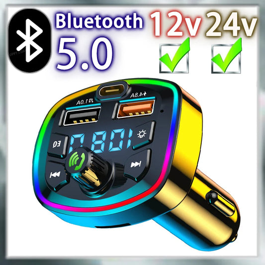 Carro Bluetooth 5.0 Transmissor FM PD 18W Tipo-C Dual USB 4.2A Carregador Rápido LED Retroiluminado Atmosfera Luz MP3 Player Q7 Modelo