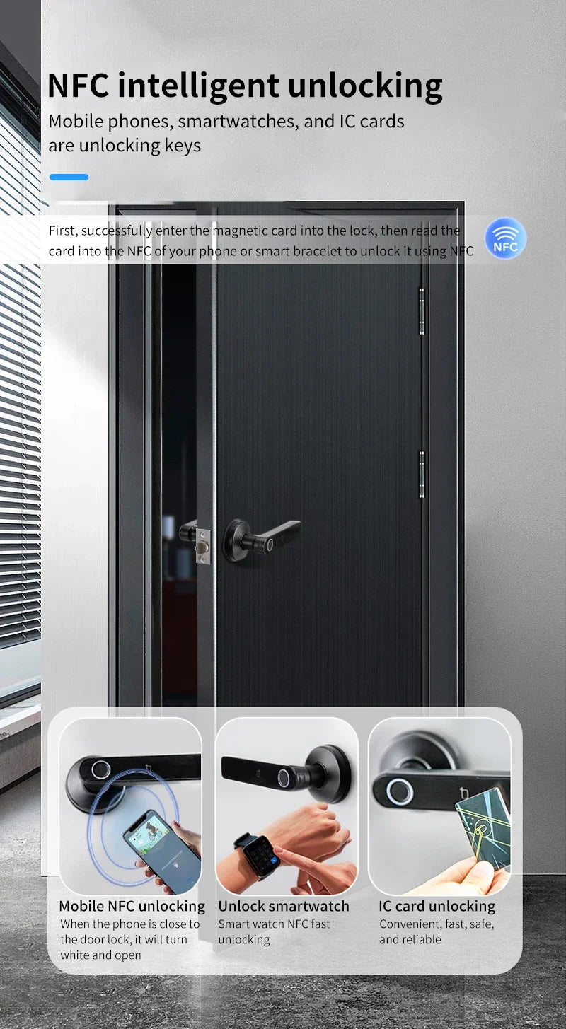 Tuya App Bluetooth Smart Fingerprint Door Lock Password Mechanical Key NFC Unlocking For Wooden Door Handle Lock IP54 Rainproof