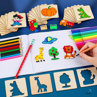 20Pcs Montessori Kids Drawing Toys Wooden DIY Painting Template Stencils Learning Educational Toys for Children Christmas Gifts