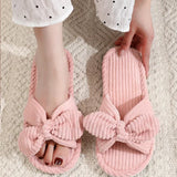 Pantuflas de terciopelo con lazo para mujer, suaves e informales, para otoño e invierno, con diseño de espiga, antideslizantes y ligeras de EVA. 
