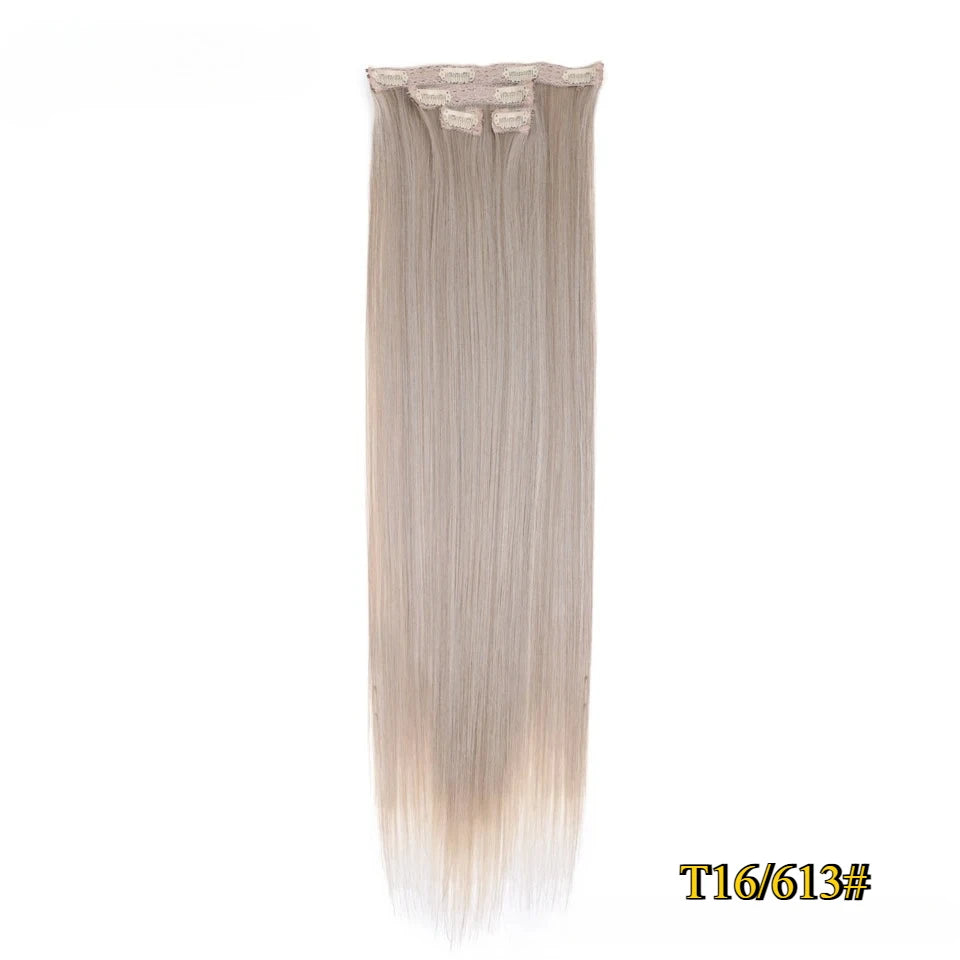 Kit 4 peças extensões de cabelo liso 60cm clip in aplique sintético ombre castanho e louro