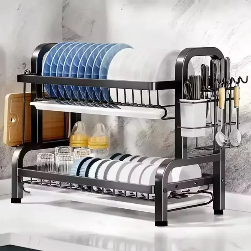 25NEW Dish Drying Rack 2-Tier Compact Kitchen Dish Rack Drainboard Set Large Rust-Proof Dish Drainer with Utensil Holder
