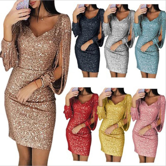 Vestido de lentejuelas para mujer, brillante, sexy, con escote en V profundo, corto, largo por encima de la rodilla, manga larga con borlas