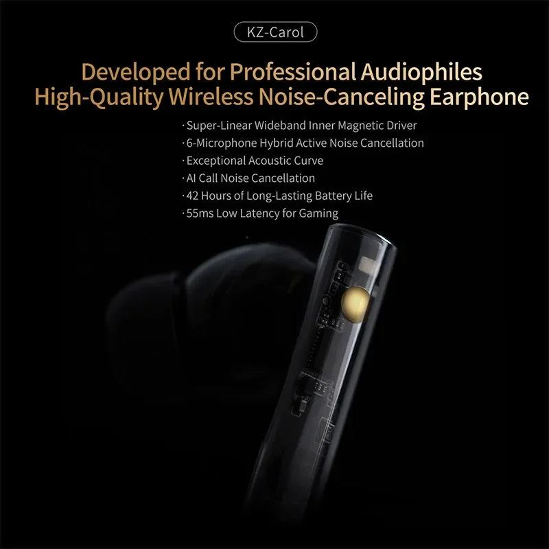 Auriculares intraaurales KZ Carol TWS Bluetooth 5.3 con cancelación activa de ruido, 6 micrófonos, inalámbricos, impermeables, estéreo, de alta fidelidad