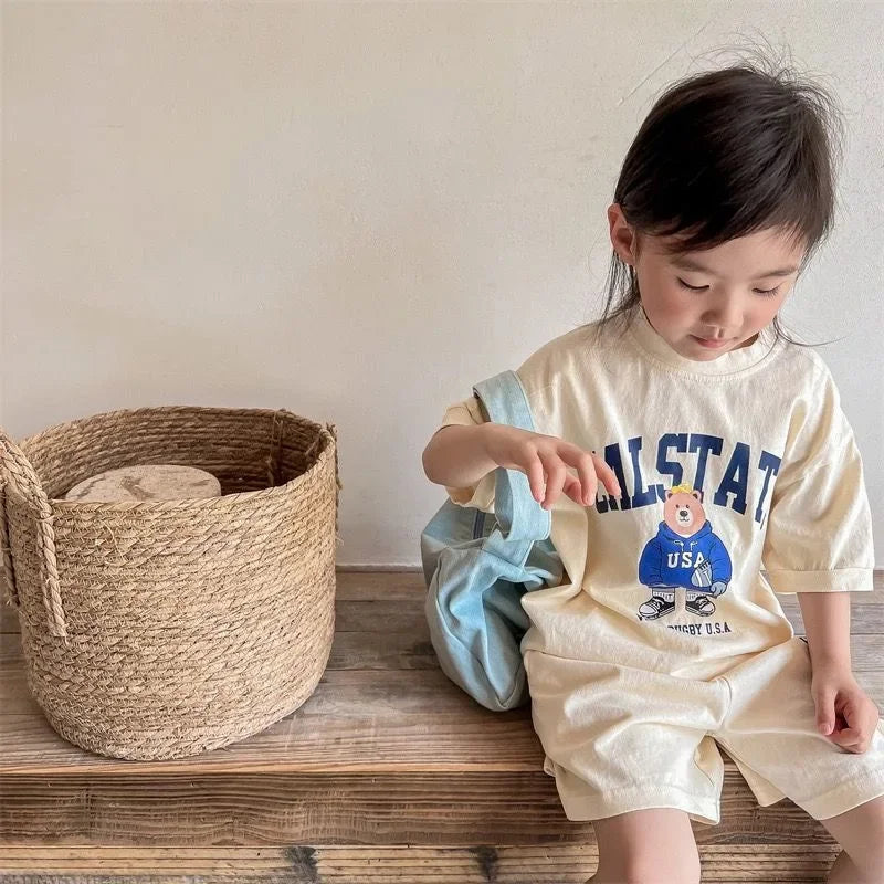 2pcs Summer Baby Clothes Set Children Boy Girl Cartoon Bear T-shirts and Shorts Suit Kid Casual Top Bottom Outfits Tracksuits