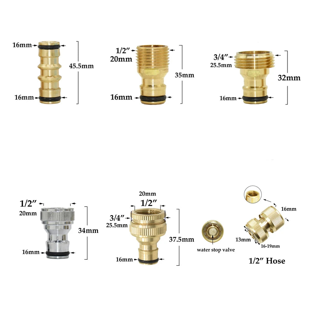 Conector rápido de manguera de latón de 1/2'', 5/8'', 3/4'' y 1'', accesorio de cierre de agua, rosca de cobre, adaptador para pistola de riego de jardín