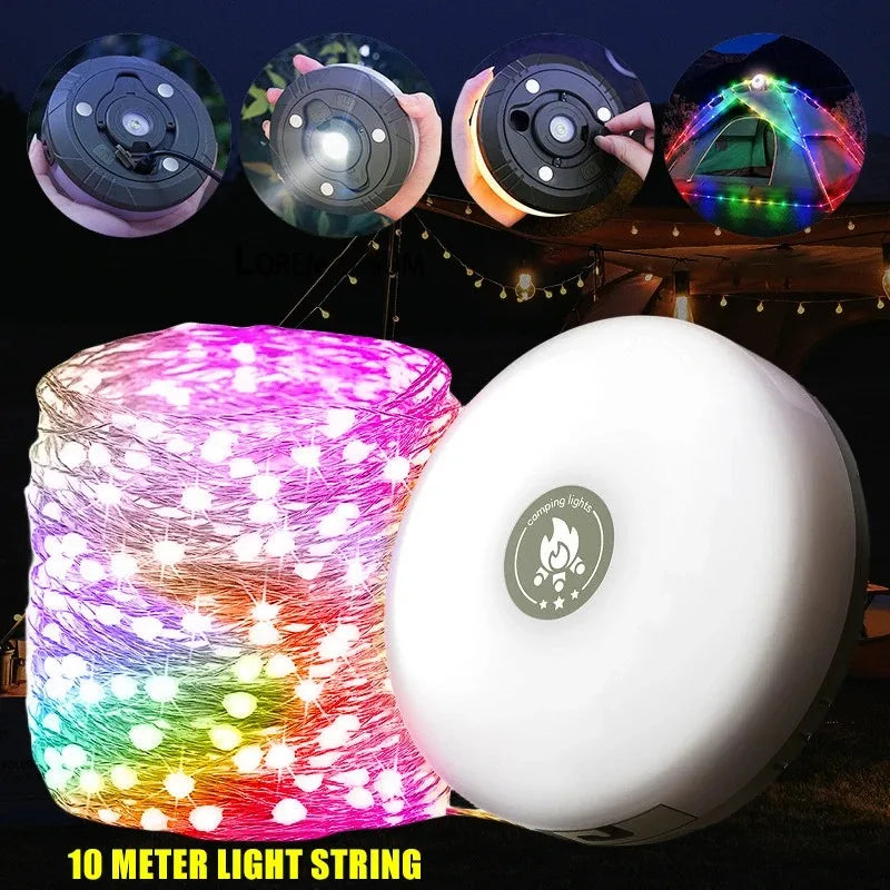 Multifuncional 4 em 1 design luz de acampamento corda usb recarregável ao ar livre tenda decoração luz xte lanterna led com gancho magnético