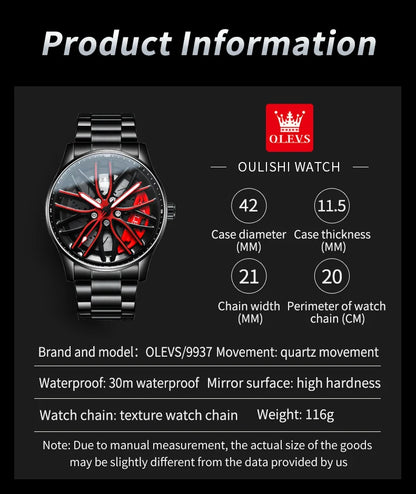 Reloj de lujo OLEVS Wheel para hombre, resistente al agua, con llanta giratoria deportiva, de cuarzo, de alta calidad y a la moda, el más vendido.
