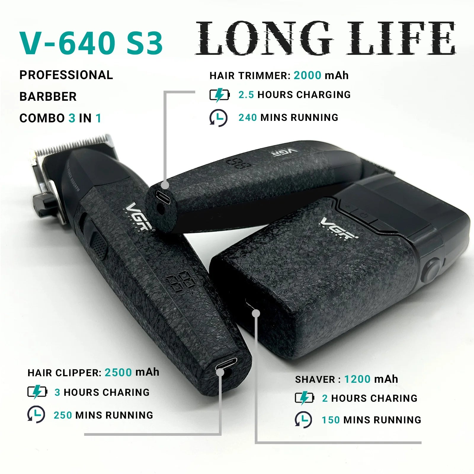 VGR Hair Clippers Professional 9000RPM Hair Cutting Machine Rechargeable Beard Trimmer Charging Base Hair Clippers men V-640 S3