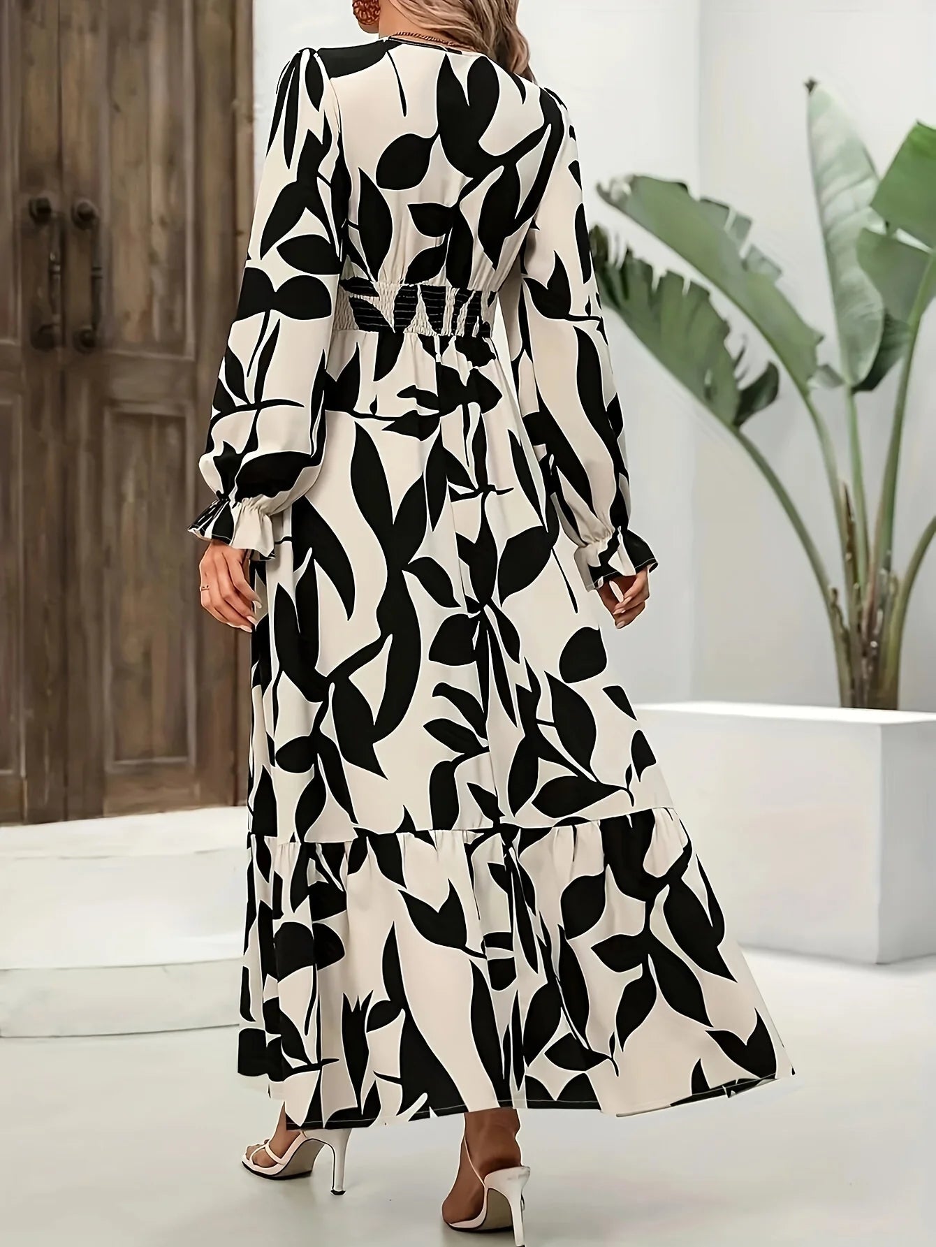Vestido de otoño de talla grande, elegante, estampado, con cintura oscilante, manga de trompeta, cintura y tobillo, vestido largo que se puede usar en varias ocasiones