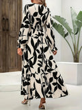 Vestido de otoño de talla grande, elegante, estampado, con cintura oscilante, manga de trompeta, cintura y tobillo, vestido largo que se puede usar en varias ocasiones