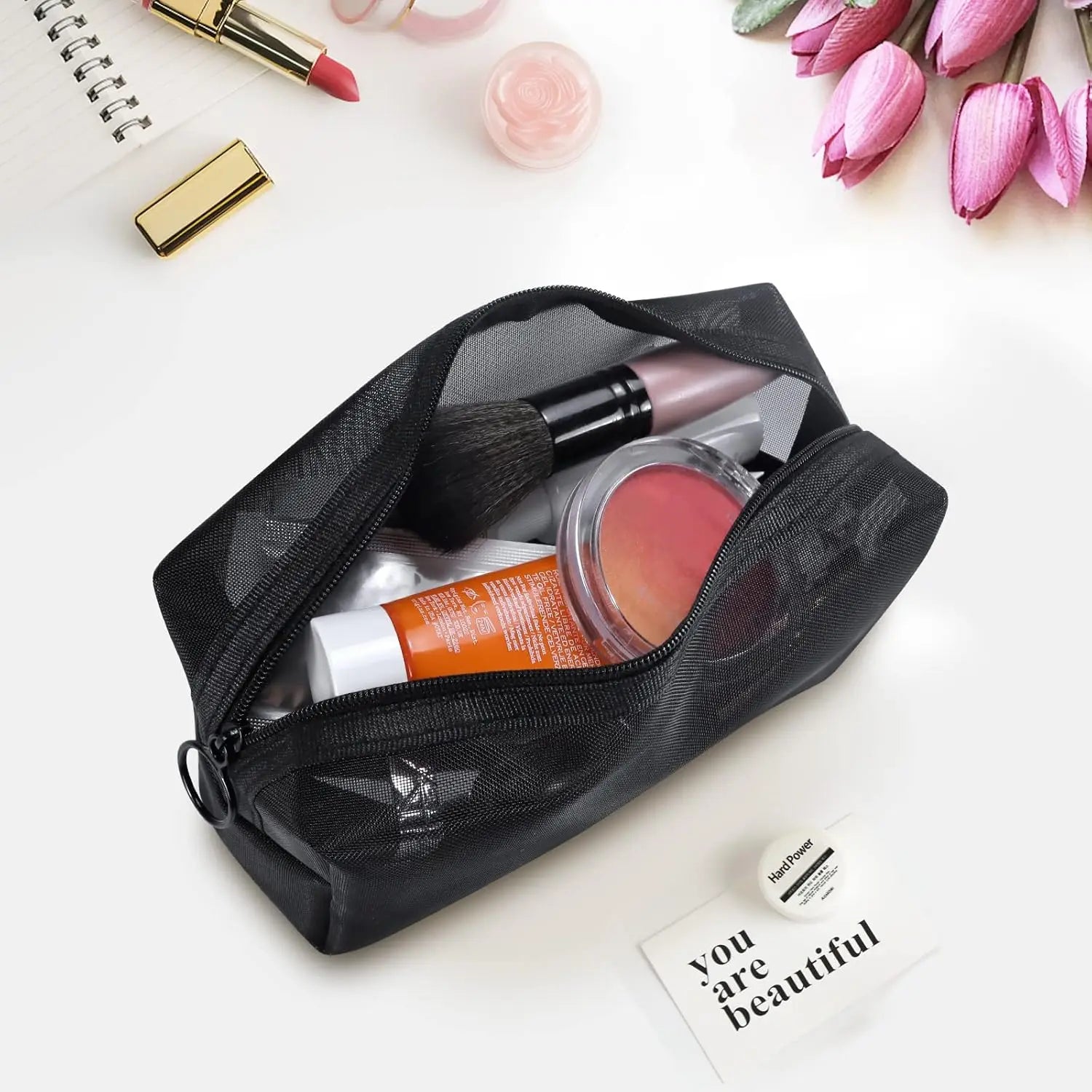 Aosbos 3-Pack Mesh Cosmetic Bag Set - Travel/On-The-Go Makeup Storage, Zipper Closure Small Pouch