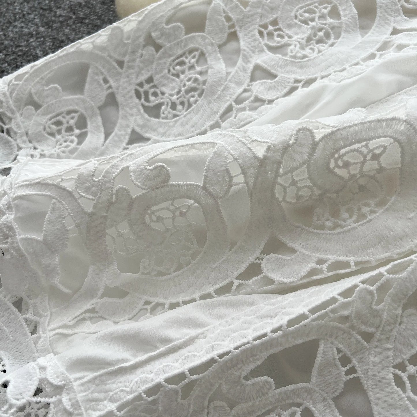 Autumn Crochet White Lace Embroidery 3 Pieces Sets Women Dress Suits Hollow Out Loose Shirt Top Elastic Waist Maxi Skirt Suit