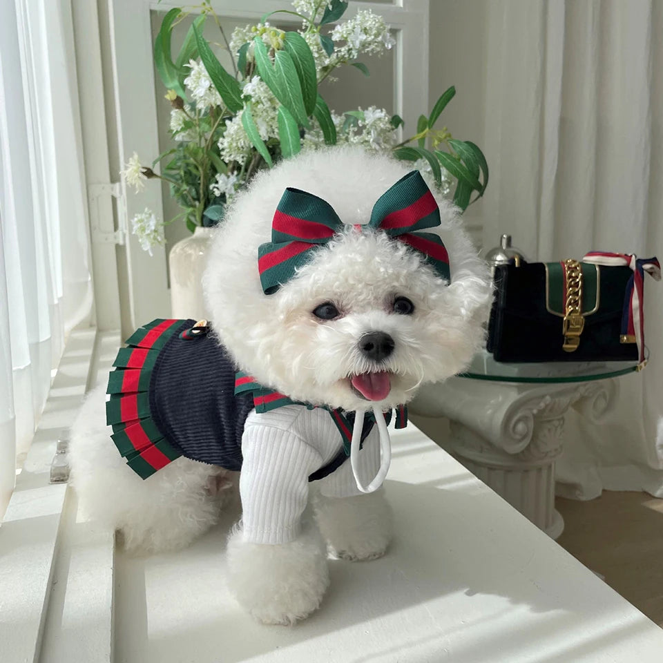FATHIN Dog Princess Dresses Puppy Bow Knot Dress Luxury Pet Skirt Striped Dresses for Small Medium Cats