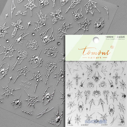 1 piece 5D Spider Web Nail Sticker Cross Silver White Black Glitter Transparent Rhinestone Rose Self-Adhesive Nail Art Sticker